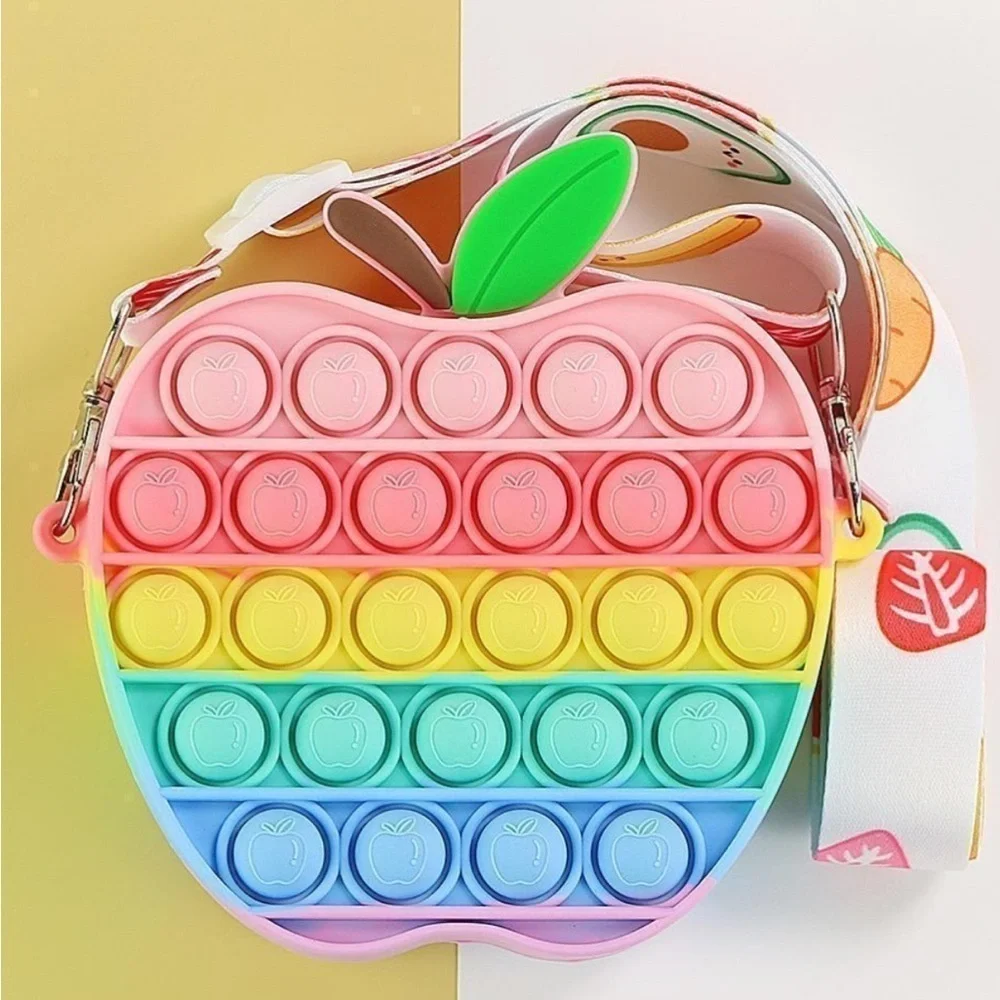 Antistress Pop It Fidget Wallet Purse Crossbody Strap / Rainbow Apple / NEW
